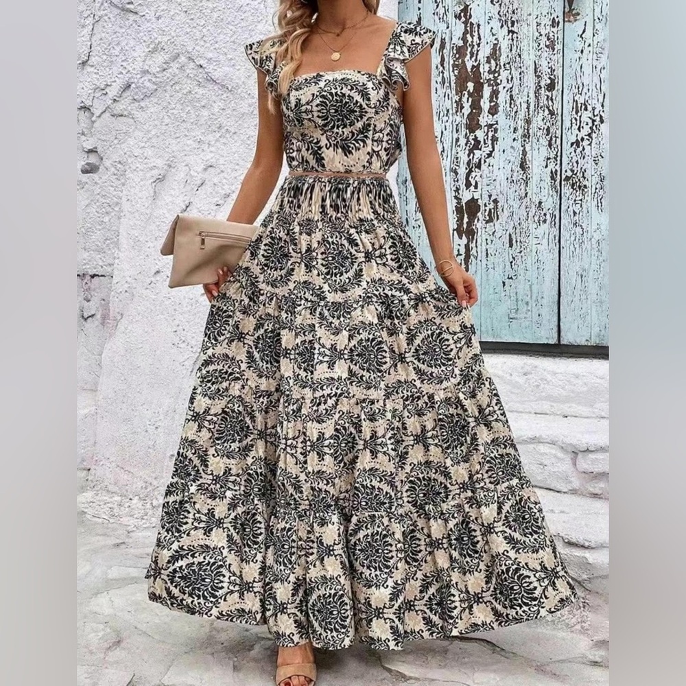 TK032: Ethnic Pattern Skirt Set in Dark Blue
